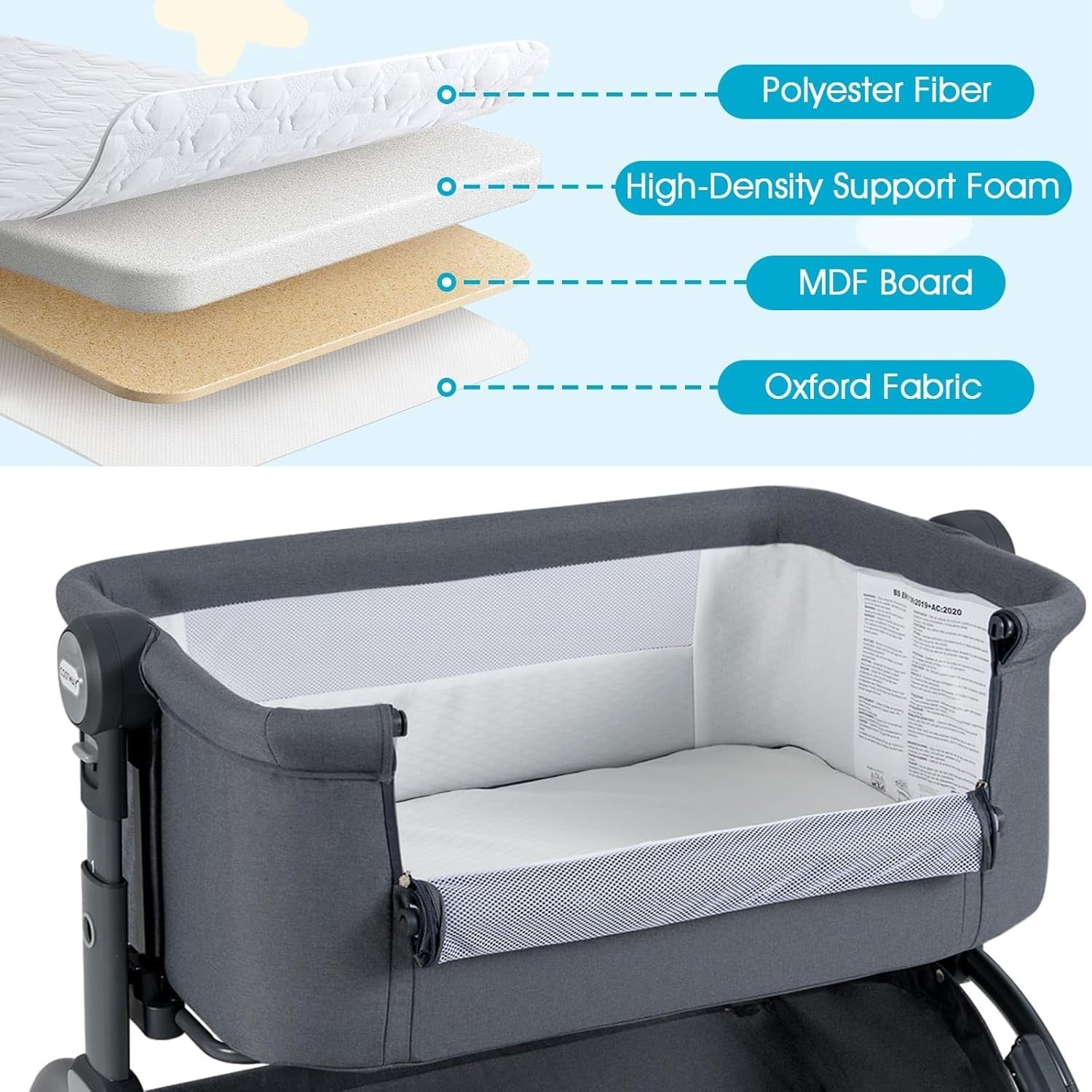 Baby Bedside Crib Adjustable Bassinet with Mattress Newborn Sleeper Dark Grey