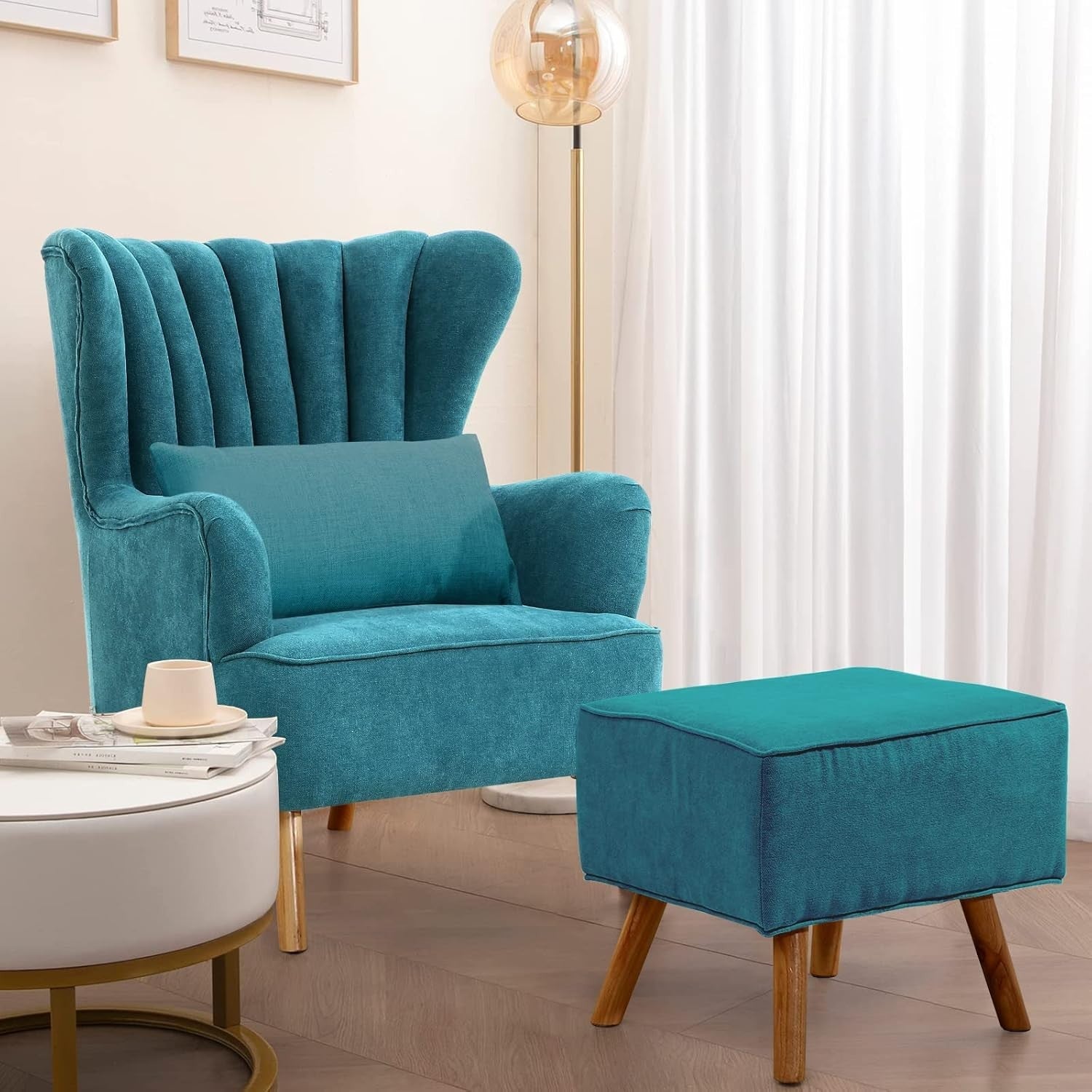 Teal Linen Wingback Tub Chair with Footstool, Wooden Legs, Lounge Sofa