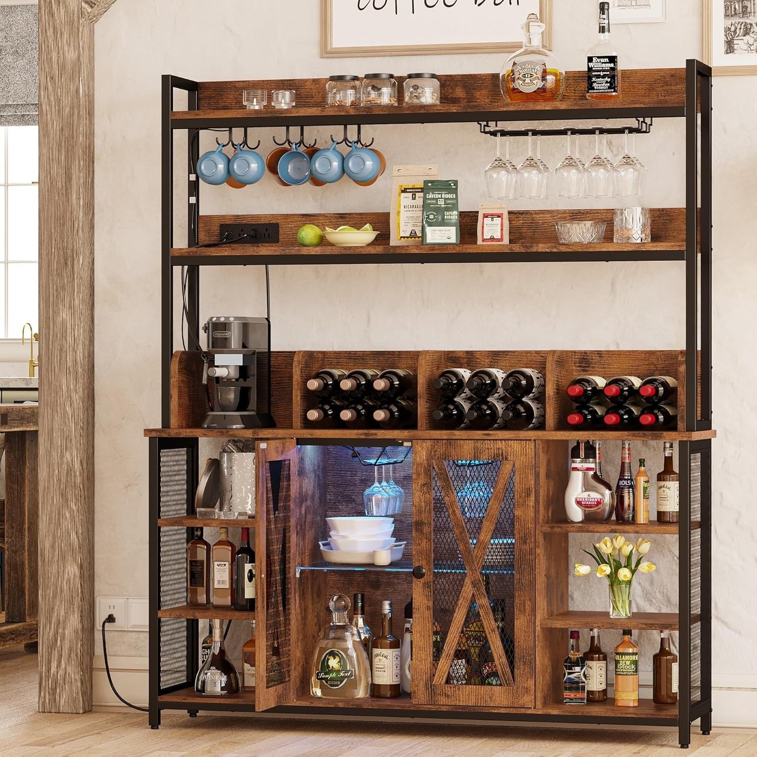 Industrial Bar Cabinet with LED Lights & Glass Rack, Large Buffet Storage Unit