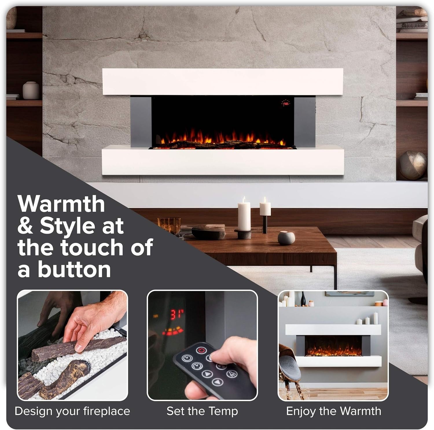 52" Wall Mounted Electric Fireplace LED Flame Heater Grey Glass Unit