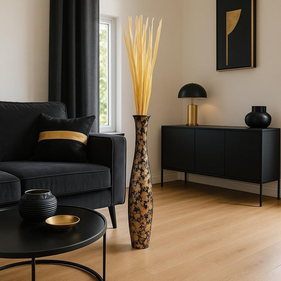 Large Gold Black Floor Vase 85cm Tall Wooden Decor for Pampas Grass
