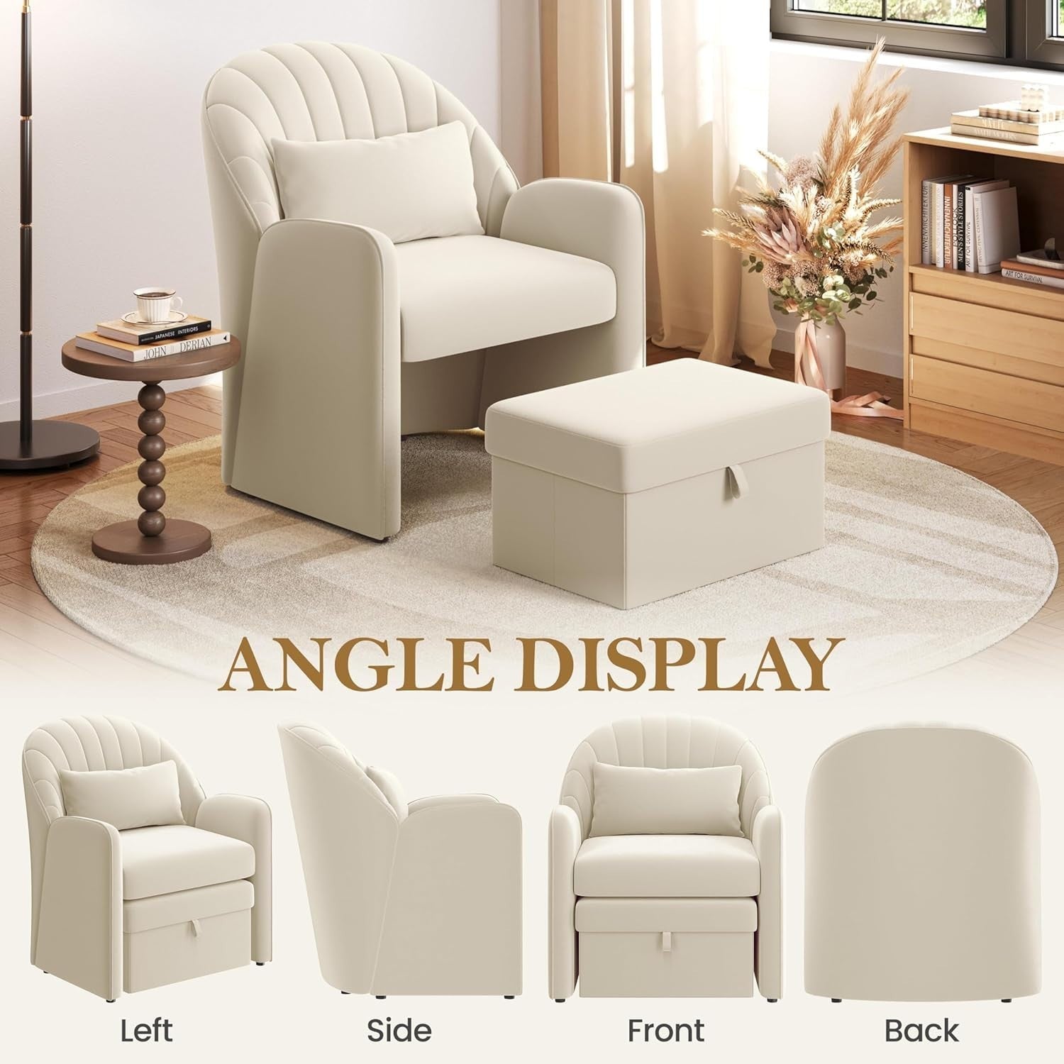 Velvet Tub Chair with Storage Ottoman & Lumbar Pillow | Modern Accent Seat