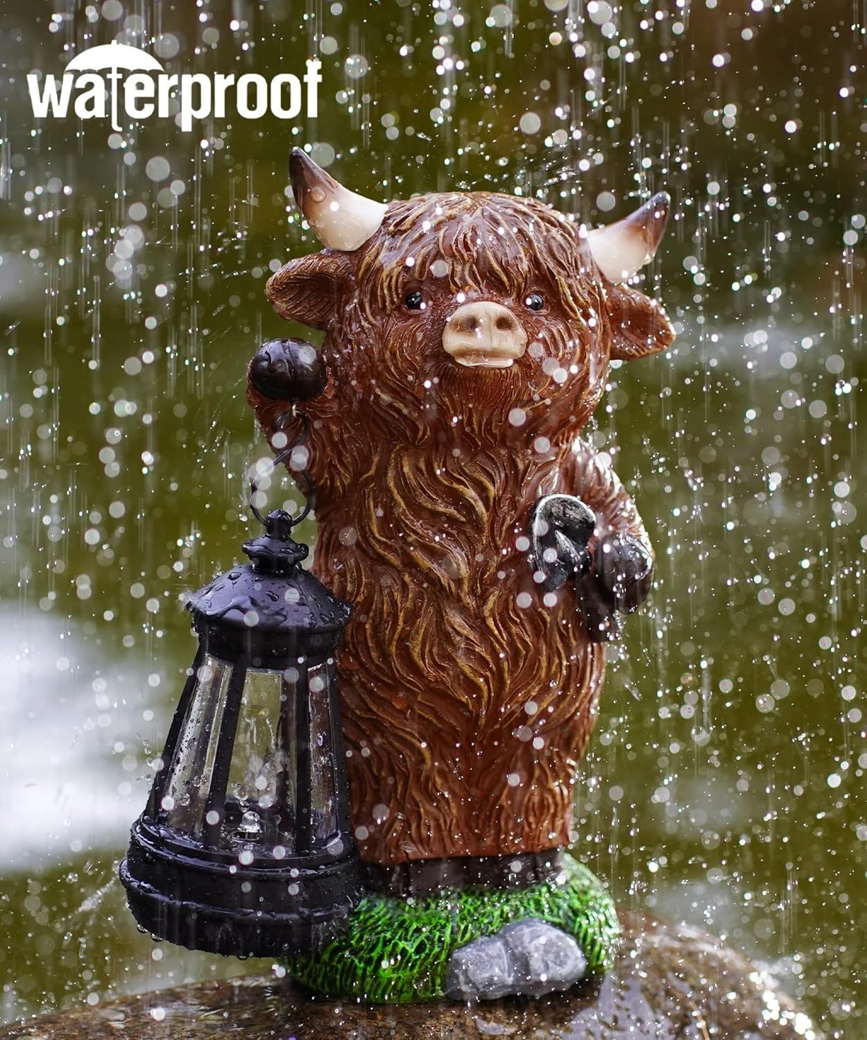 Solar Highland Cow Garden Ornament Lantern | Outdoor Resin Statue Patio Lawn
