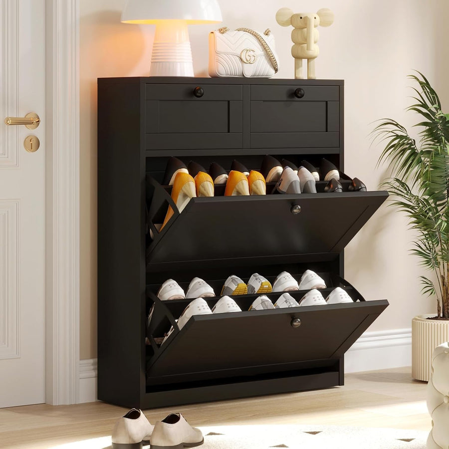 Slim Black Shoe Cabinet with 2 Flip Drawers & Adjustable Shelves Storage