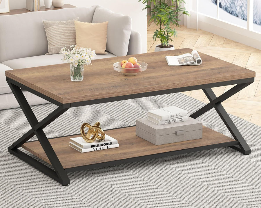 Rustic Industrial Coffee Table 47" with Storage Shelf, Metal Frame, Durable