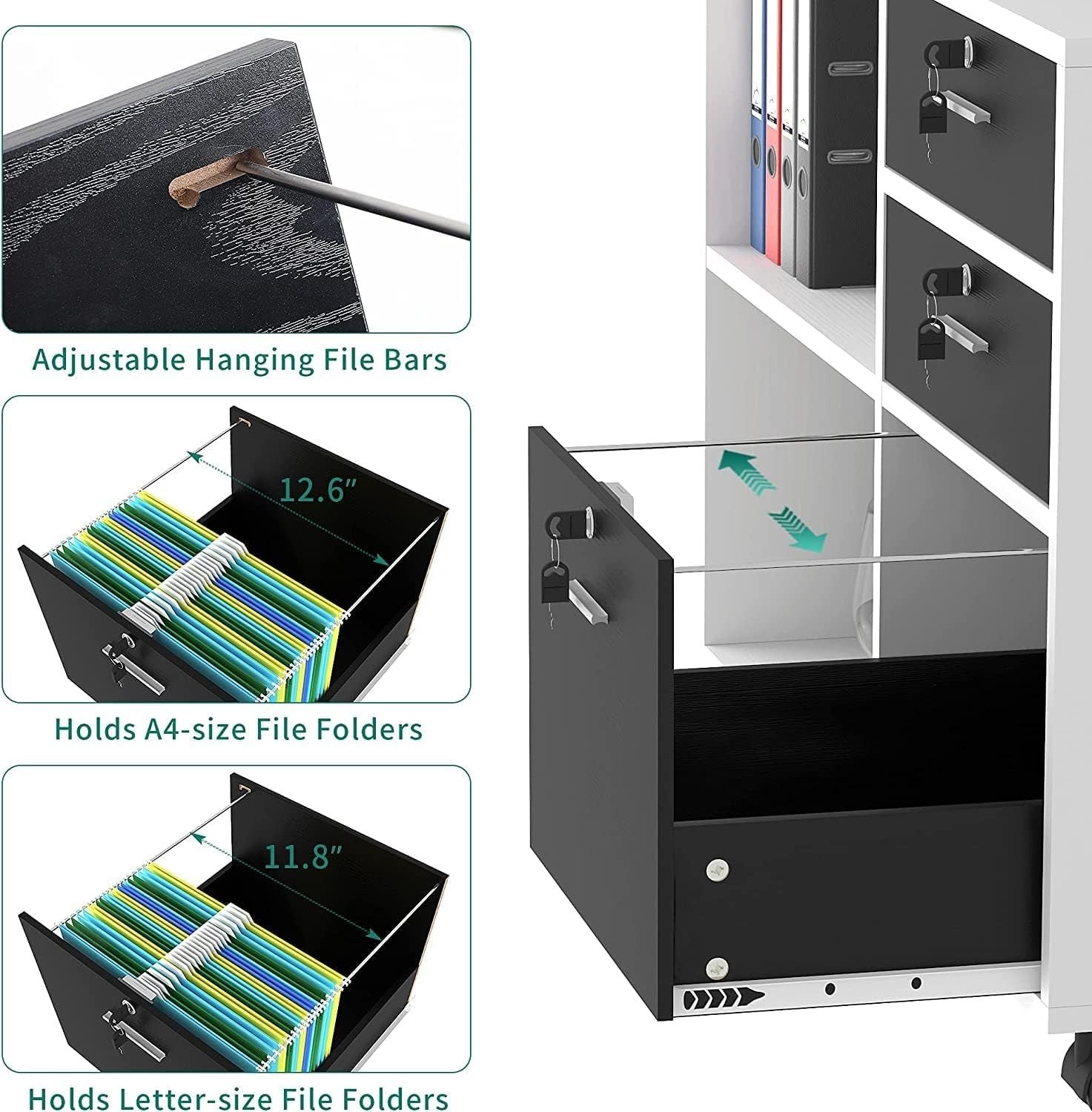 Wide Mobile Filing Cabinet 3 Drawer Lockable Printer Stand White Black