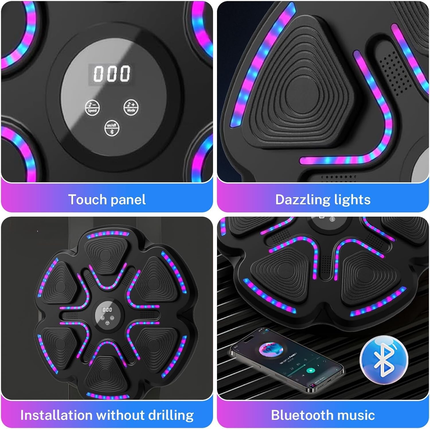 Music Boxing Machine Bluetooth LED Wall Mount Punch Trainer Kids Home Gym