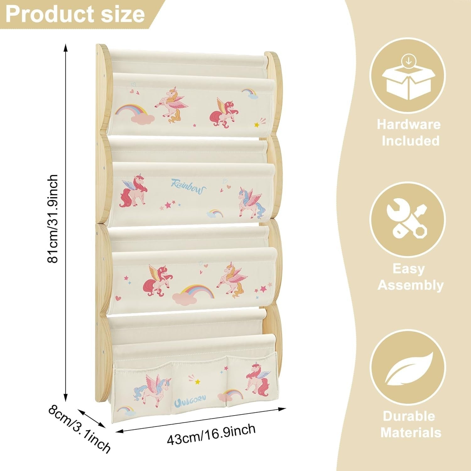 Kids Wall Mounted Bookshelf 4 Tier Floating Shelf with Pockets – Unicorn