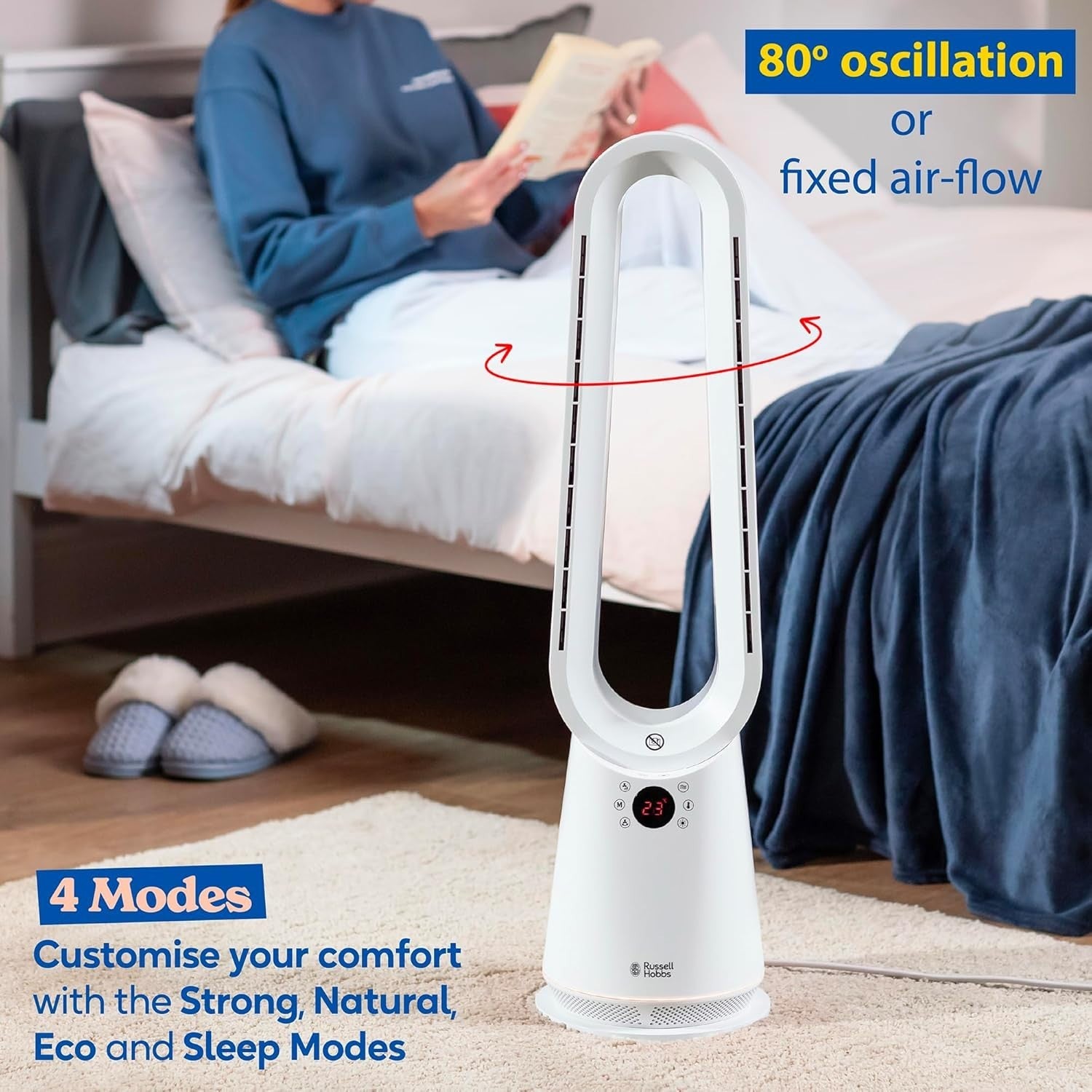 Bladeless Tower Fan & Heater – 2000W 9-Speed LED Display Remote White