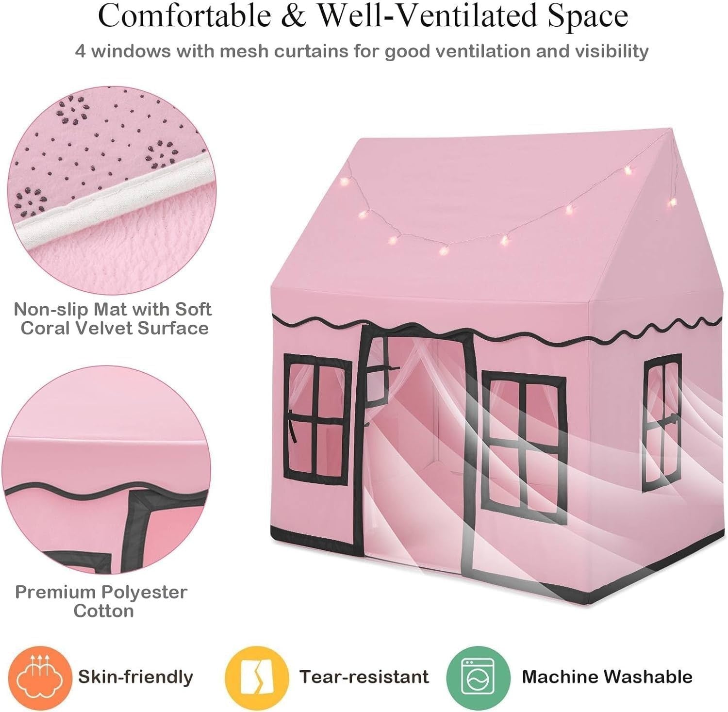 Pink Kids Castle Play Tent Indoor Outdoor w Non Slip Mat Lights