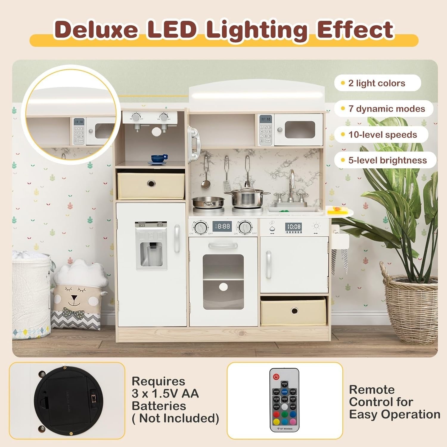 Kids Wooden Play Kitchen LED Lights Coffee Maker Accessories Set
