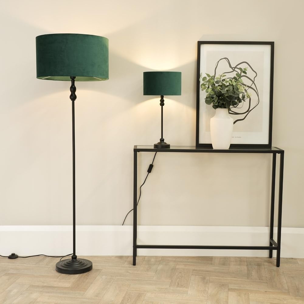 Metal Floor Lamp with Green Velvet Shade, LED Bulb Included, Modern Home Light