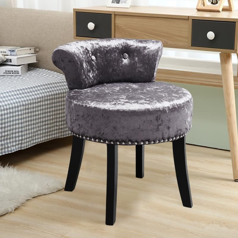 Dark Grey Velvet Dressing Table Stool with Wooden Legs & Tufted Back