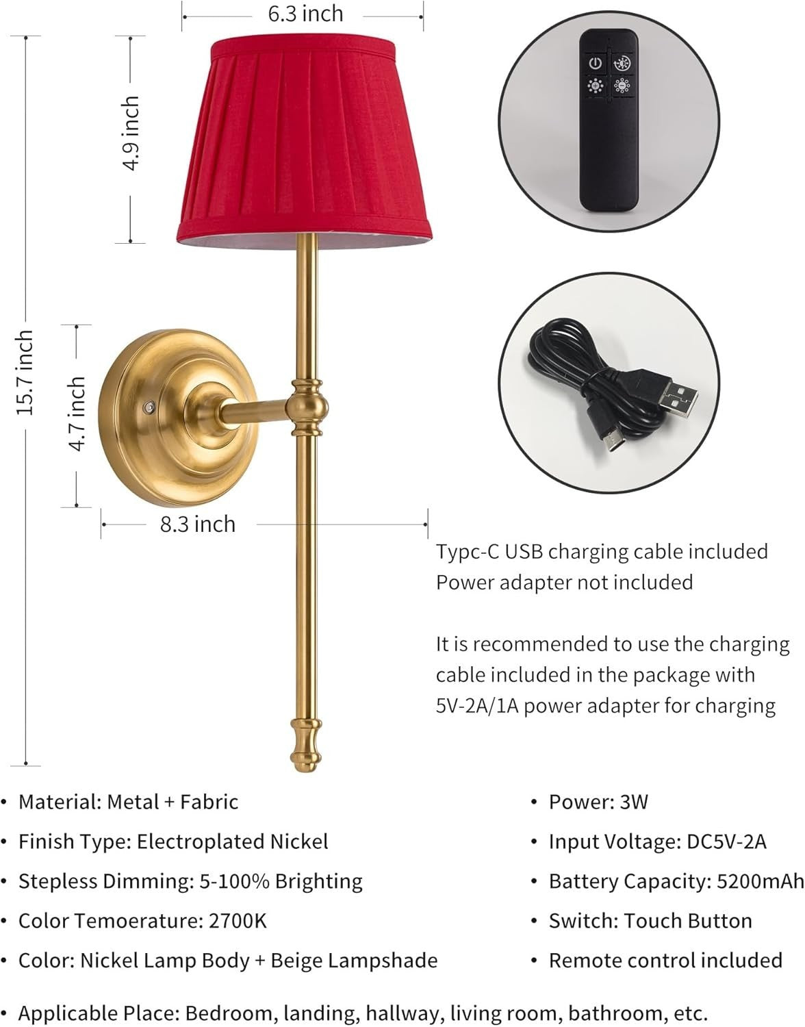 Cordless Rechargeable LED Wall Sconces with Remote, Touch Dimmer, 5200mAh