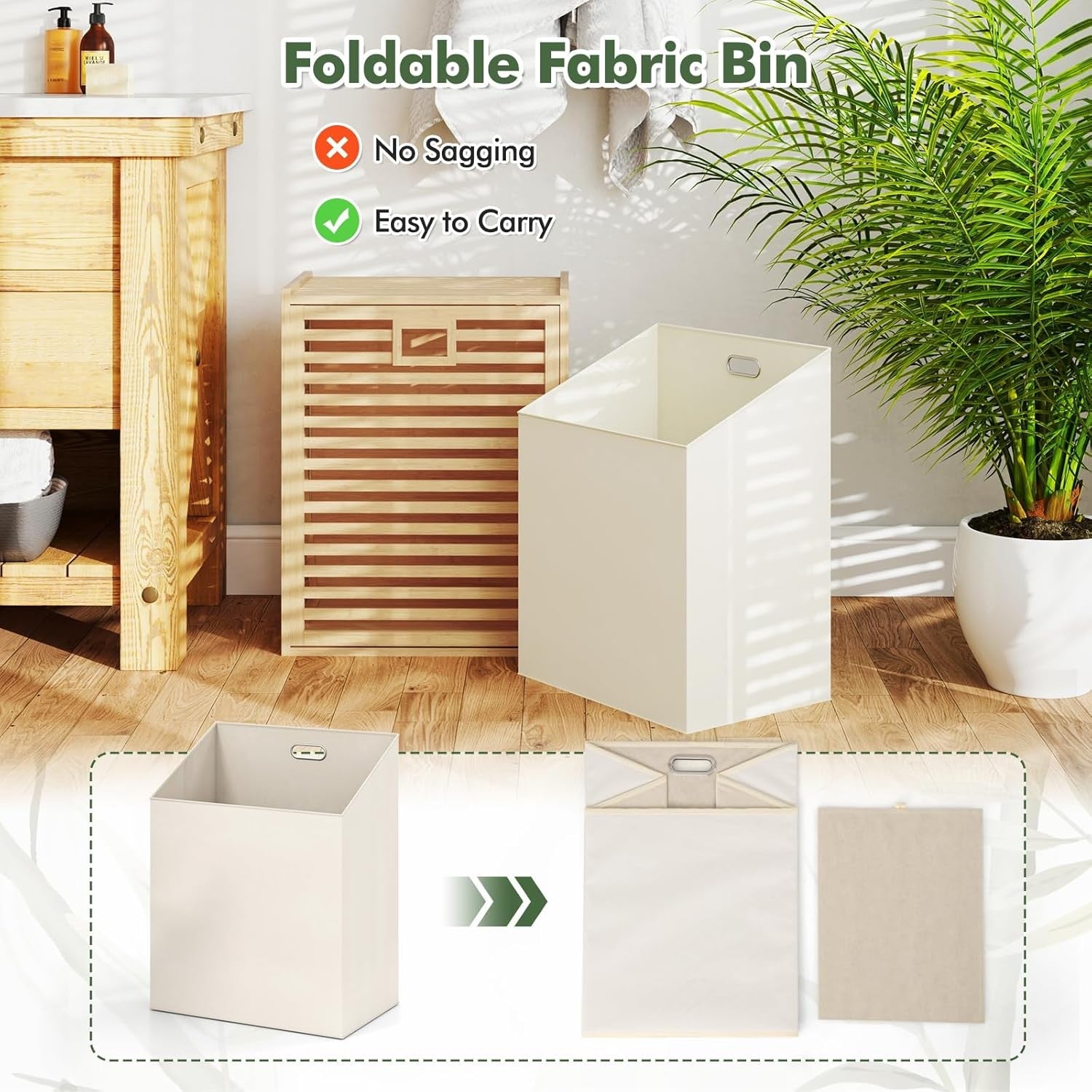 Bamboo Laundry Basket Cabinet Tilt Out Hamper with Liner Bag Natural