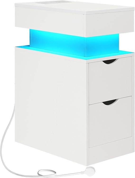 Slim LED Bedside Table  Charging Station, 2 Drawers, Modern White Nightstand