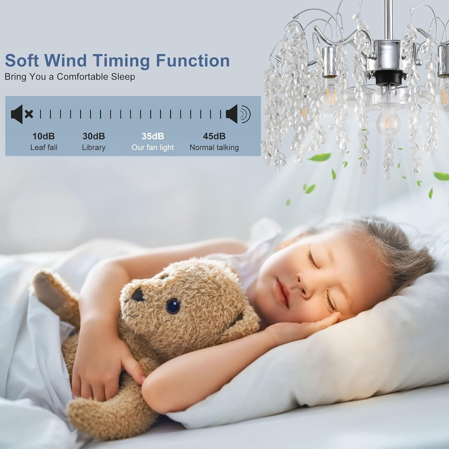Crystal Ceiling Fan Light 50CM, 6-Speed, APP, Remote, Silver Leaf