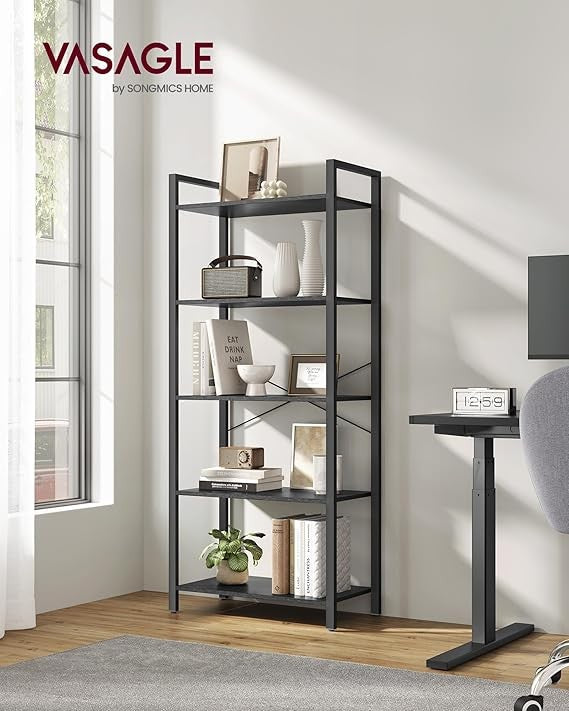 5-Tier Industrial Bookshelf Ebony Black Metal Wood Storage Shelving Unit