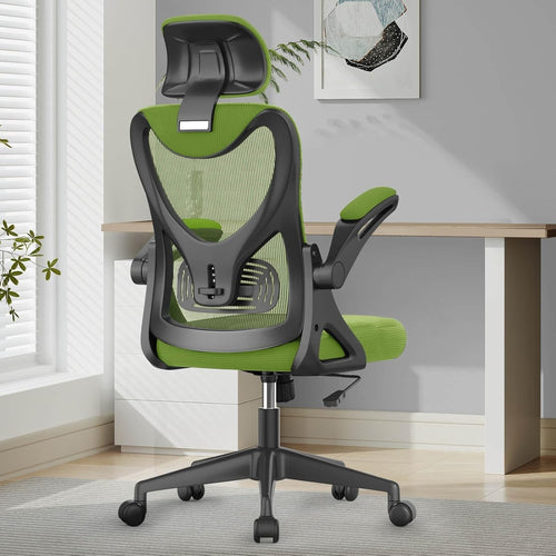 Ergonomic High Back Office Chair Mesh Flip-Up Arms Adjustable Lumbar Green