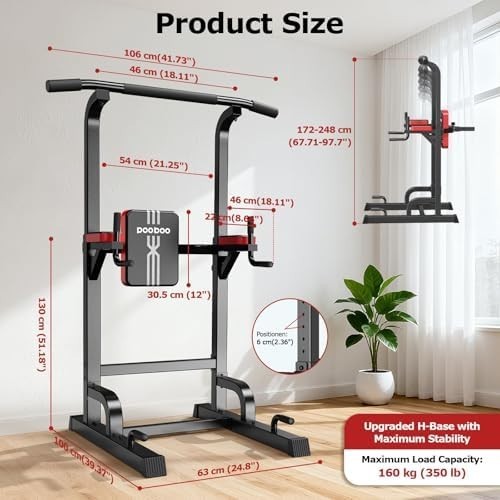 Black Power Tower Dip Station Pull-Up Bar Adjustable Home Gym