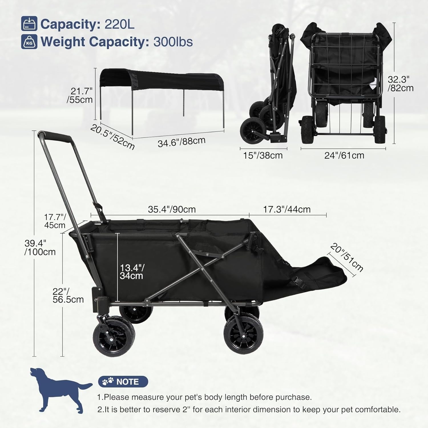 Heavy Duty Dog Wagon Cart 150lb Folding Beach Trolley w/ Canopy All-Terrain