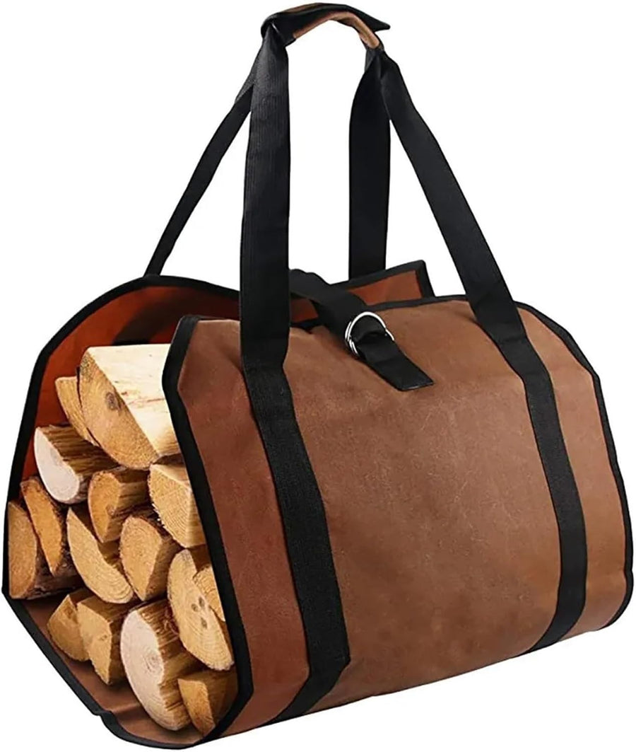 Heavy-Duty Canvas Firewood Carrier Bag with Handles & Strap - Brown 12A