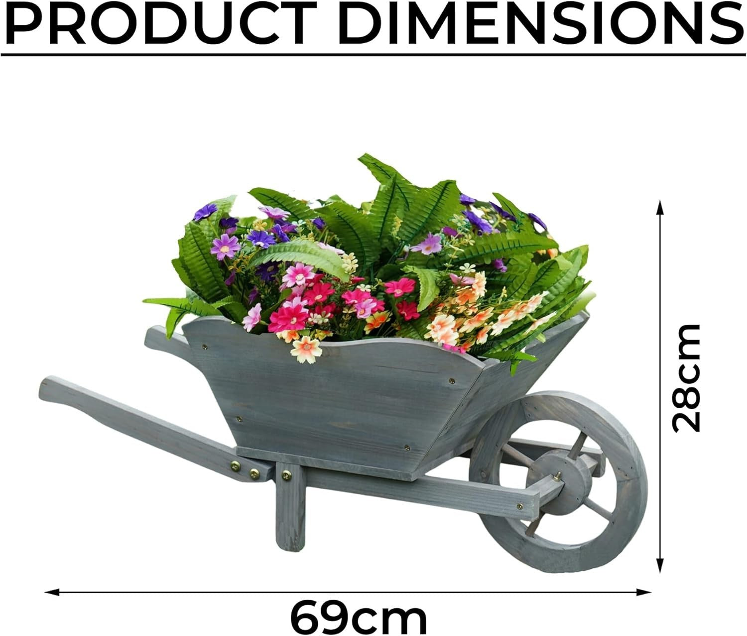 Large Wooden Garden Wheelbarrow Planter – Rustic Grey Design w/ Handles & Wheel