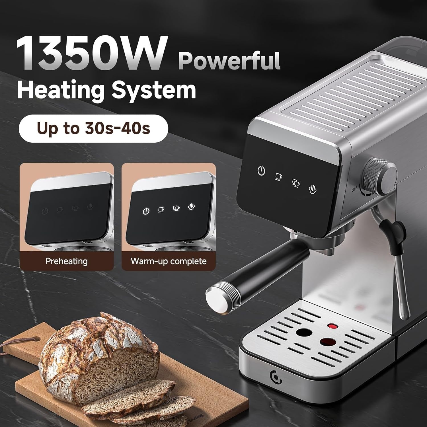 20 Bar Espresso Machine 1350W | LED Touch Control | Milk Frother | Compact Steel