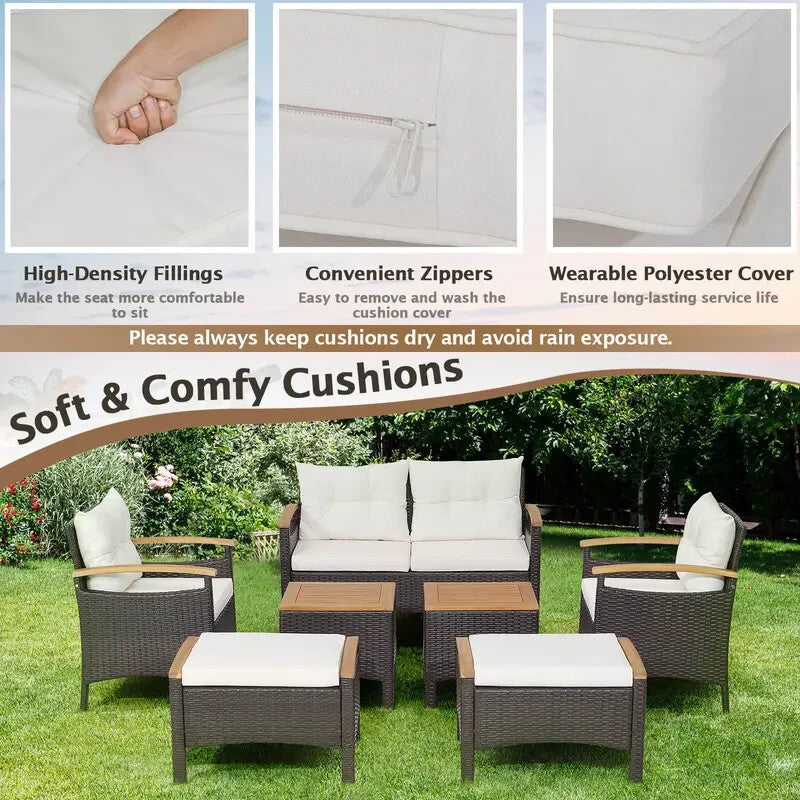 7PC Rattan Garden Patio Sofa Set – Outdoor Chairs Ottomans Table Cushions