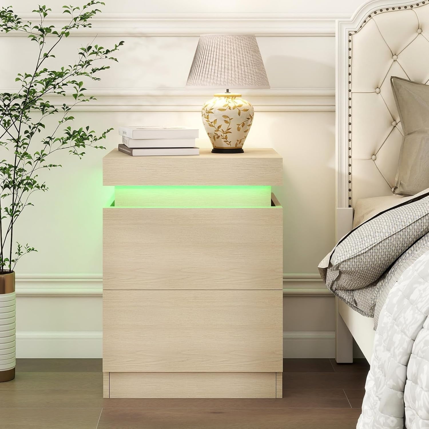 Modern Oak LED Bedside Table with USB Charging, 2 Drawers & Sliding Top Cabinet