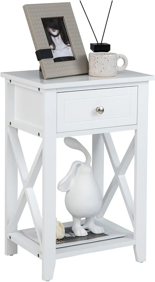 Modern White Bedside Table with Drawer & Open Shelf | X-Frame Side Table