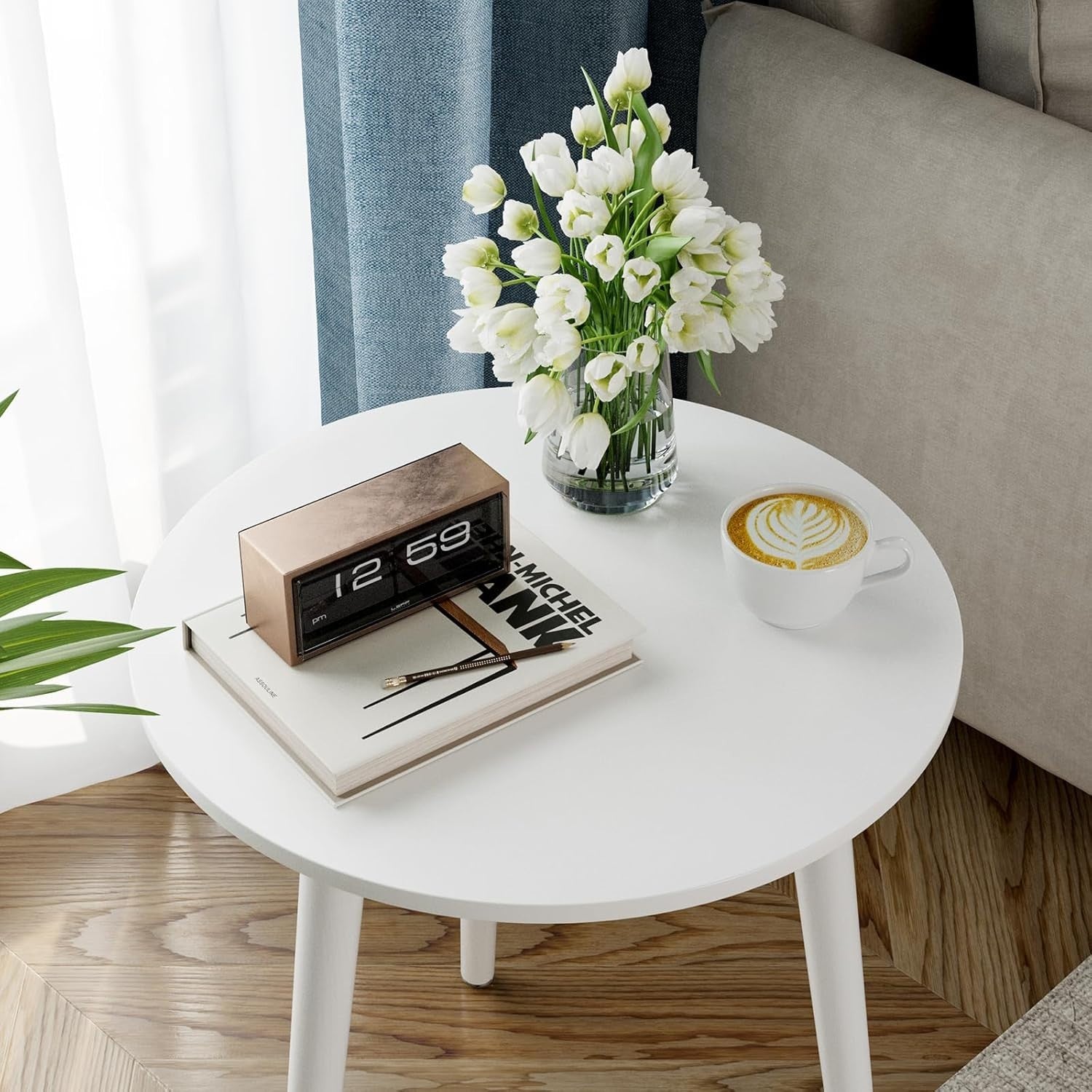 Small White Round Side Table 42x42x51cm, Sturdy Iron Legs, Easy Assemble