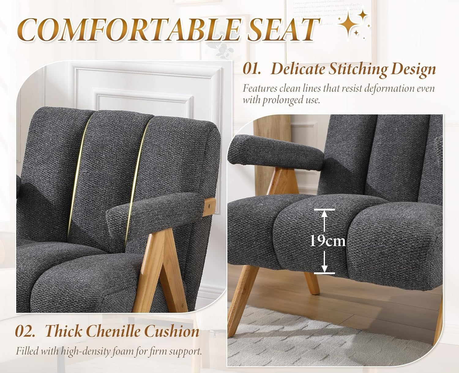 Grey Chenille Accent Armchair Lounge Chair Solid Wood Legs