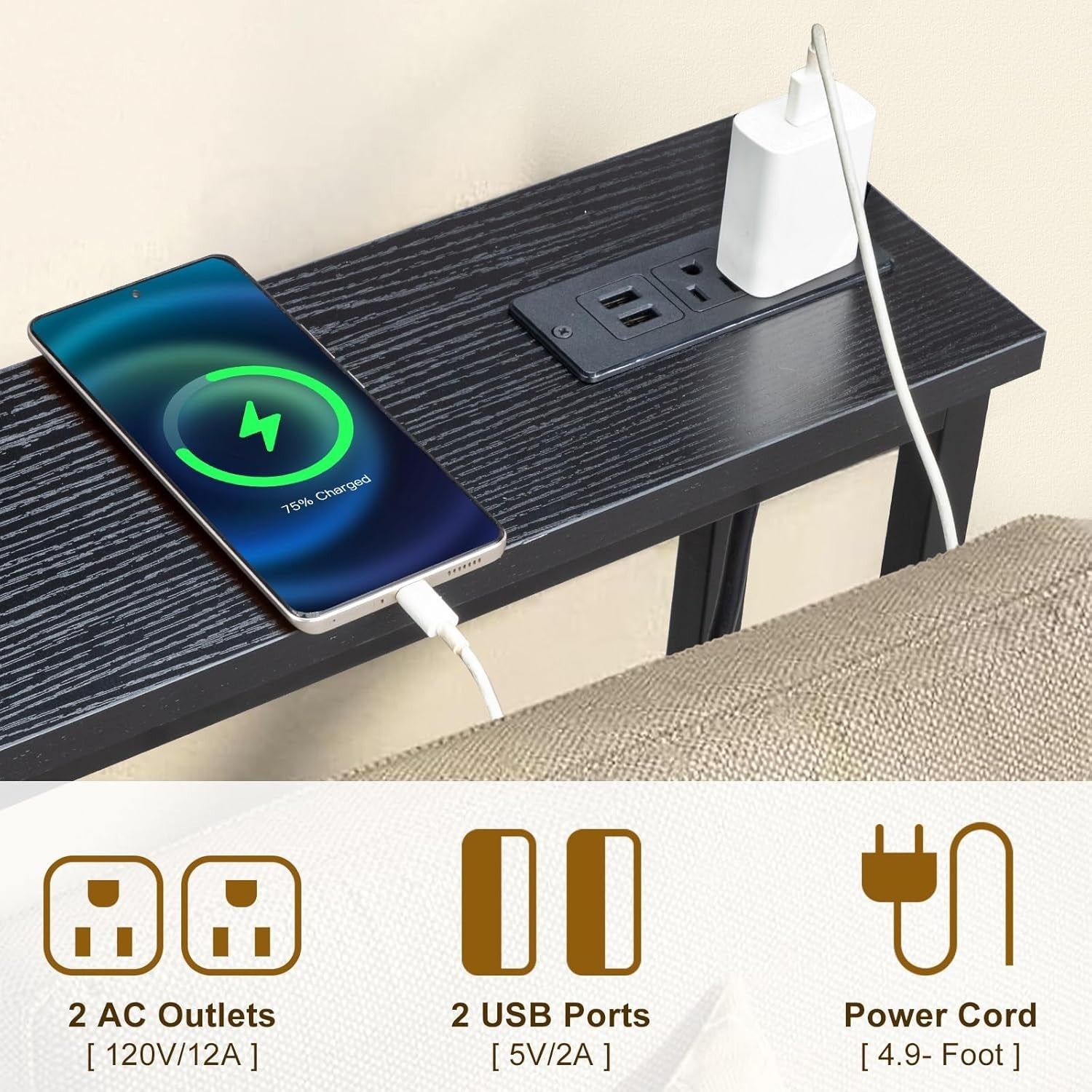 Slim Console Table with Power Outlets & USB, 15x100x79cm, Space-Saving