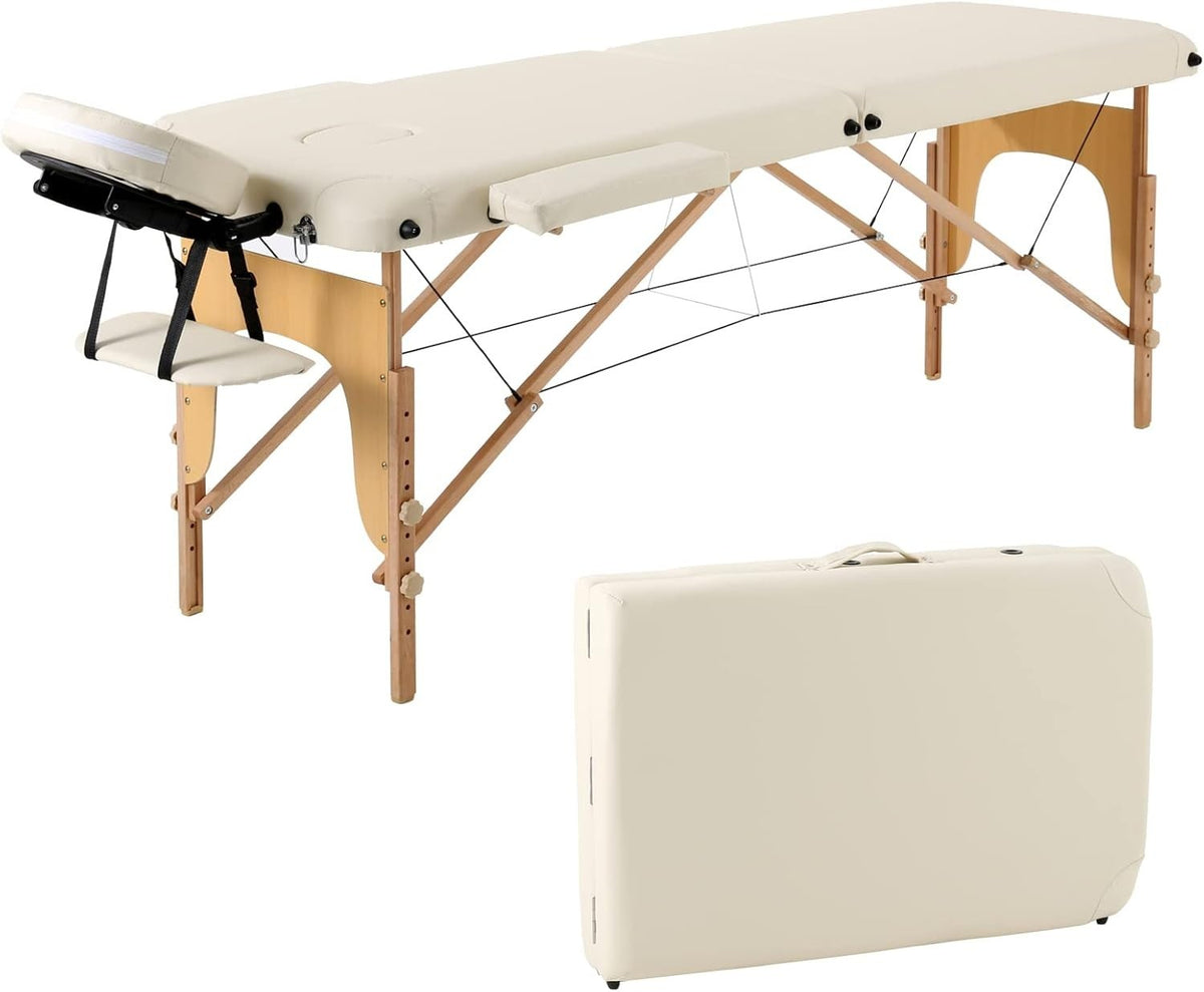Portable Massage Table Foldable Wooden 2-Section Therapy Tattoo Spa Bed Beige