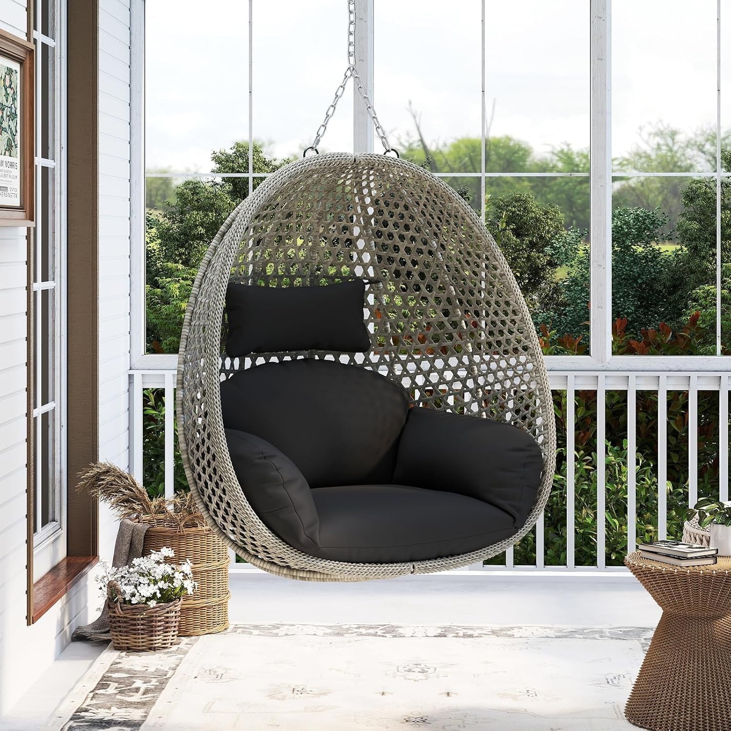 Rattan Hanging Egg Chair with Soft Thick Cushion & Head Pillow for Garden Patio