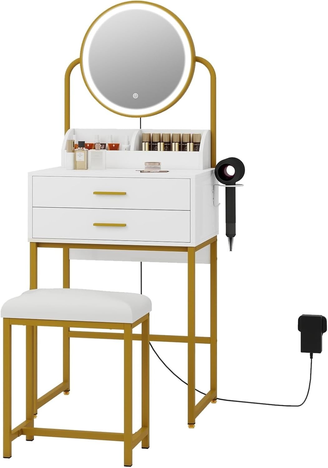White Gold Vanity Table Set Desk Dresser LED Mirror 2 Drawer Storage Stool