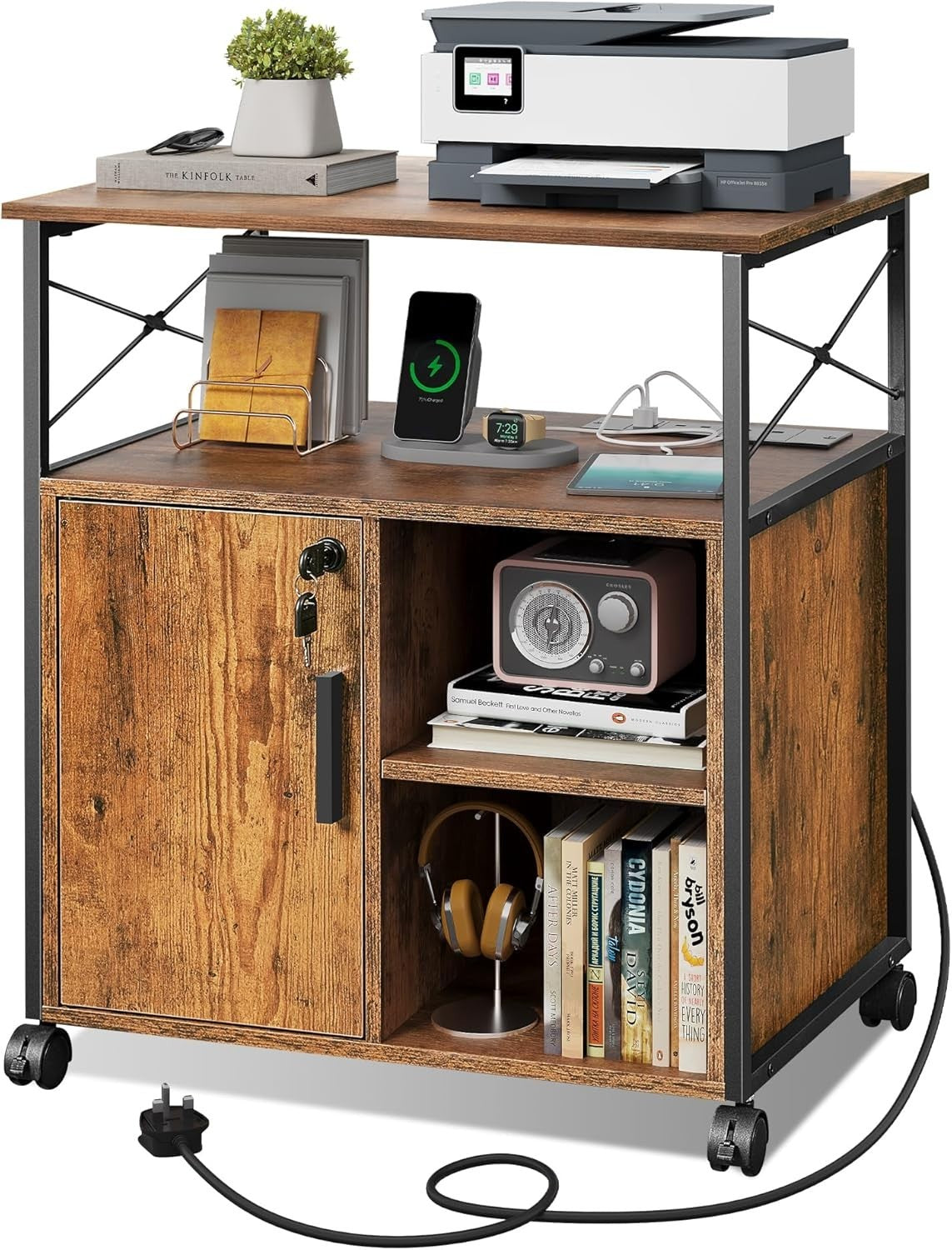 Mobile File Cabinet with Power Outlets Lockable Printer Stand 66cm