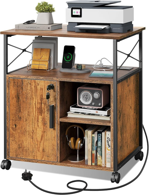 Mobile File Cabinet with Power Outlets Lockable Printer Stand 66cm