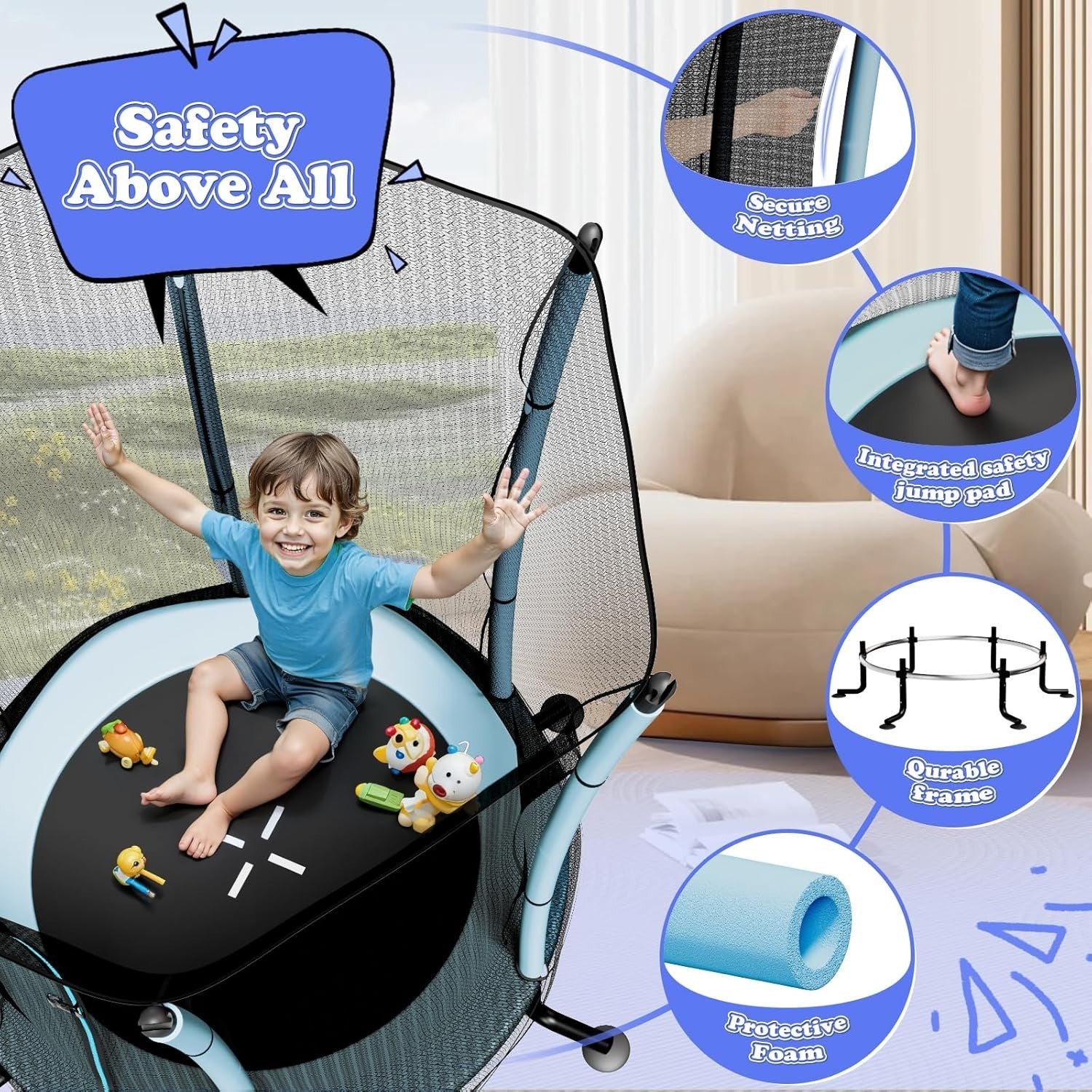 55in Kids Trampoline Enclosed Safe Jump Anti Slip Indoor Outdoor