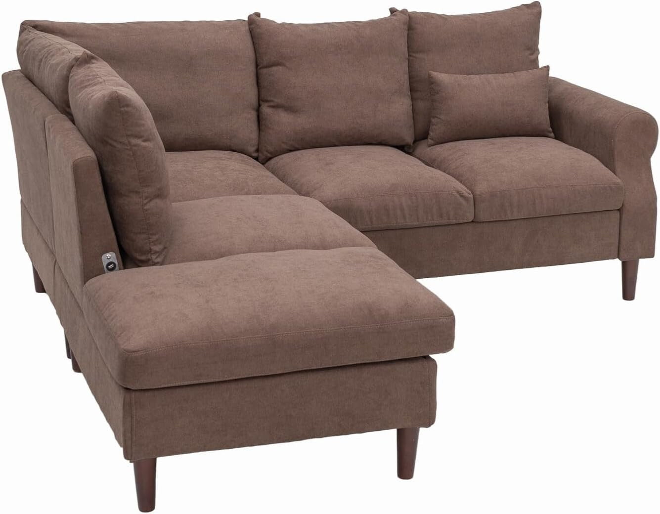 5 Seater Corner Sofa with Chaise & USB Port – Brown Linen, Space-Saving Sectiona