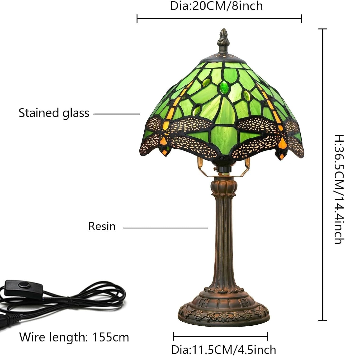 Green Dragonfly Stained Glass Table Lamp 8x14 Inch Bedside Light