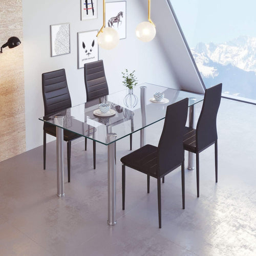 Rectangular Glass Dining Table with 4 Grey PU Leather High-Back Chairs