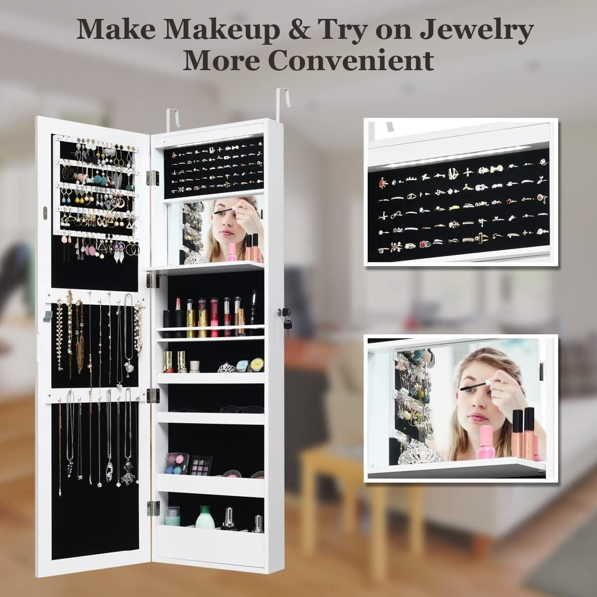 White LED Jewellery Cabinet Wall or Door Mounted Full Length Mirror