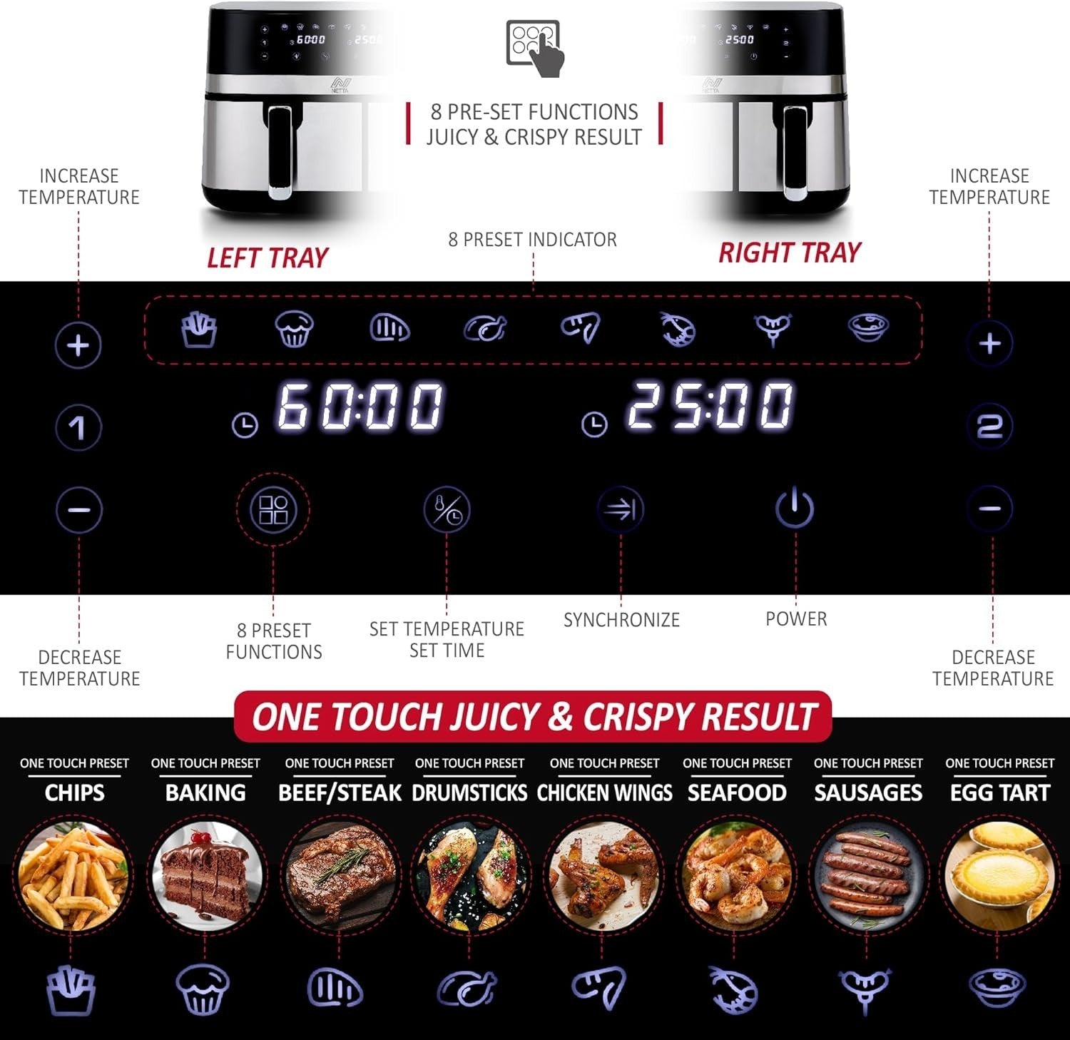 9L Dual Basket Air Fryer 2700W Digital Touch 80-200°C 60min Timer XL Black