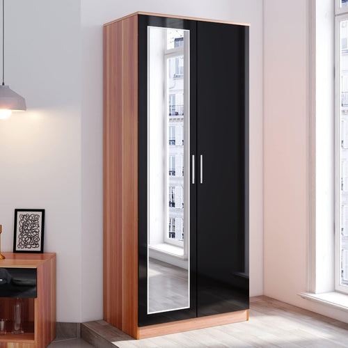 2 Door Mirrored Wardrobe Black/Walnut High Gloss Closet Storage Unit