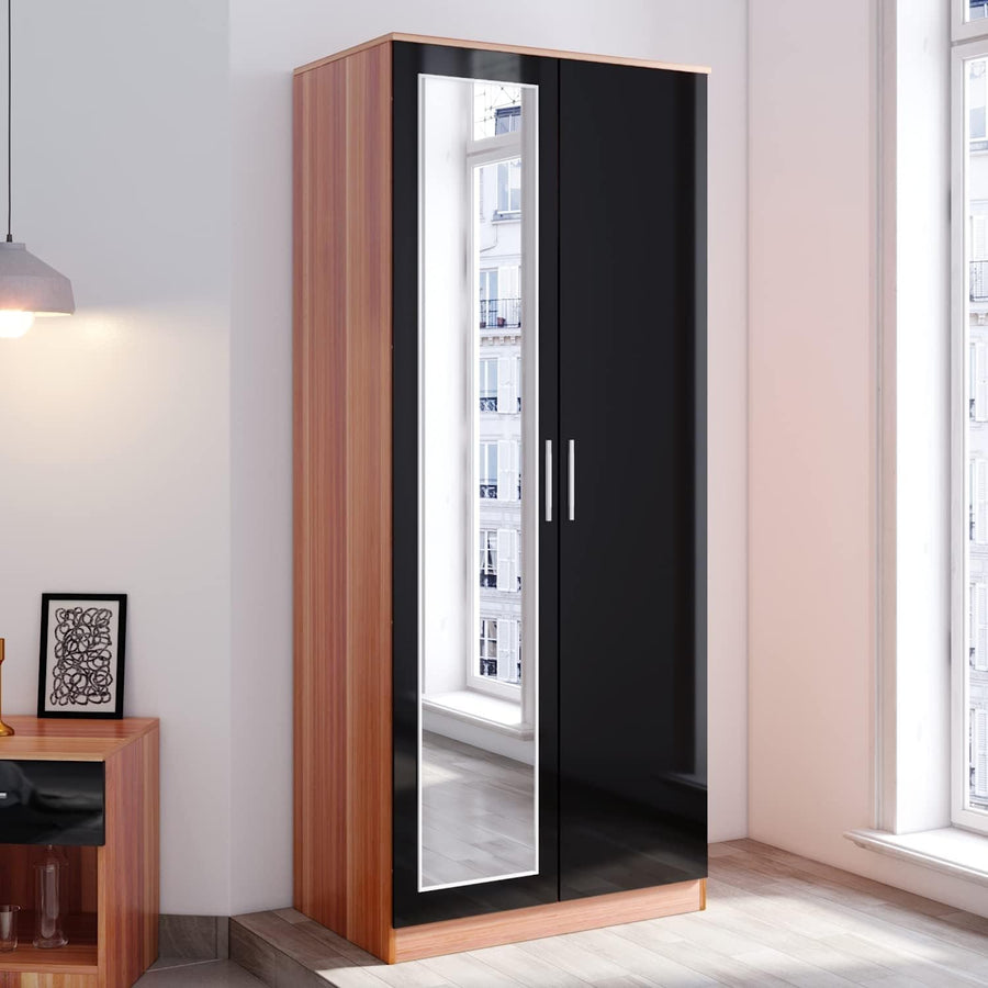 2 Door Mirrored Wardrobe Black/Walnut High Gloss Closet Storage Unit