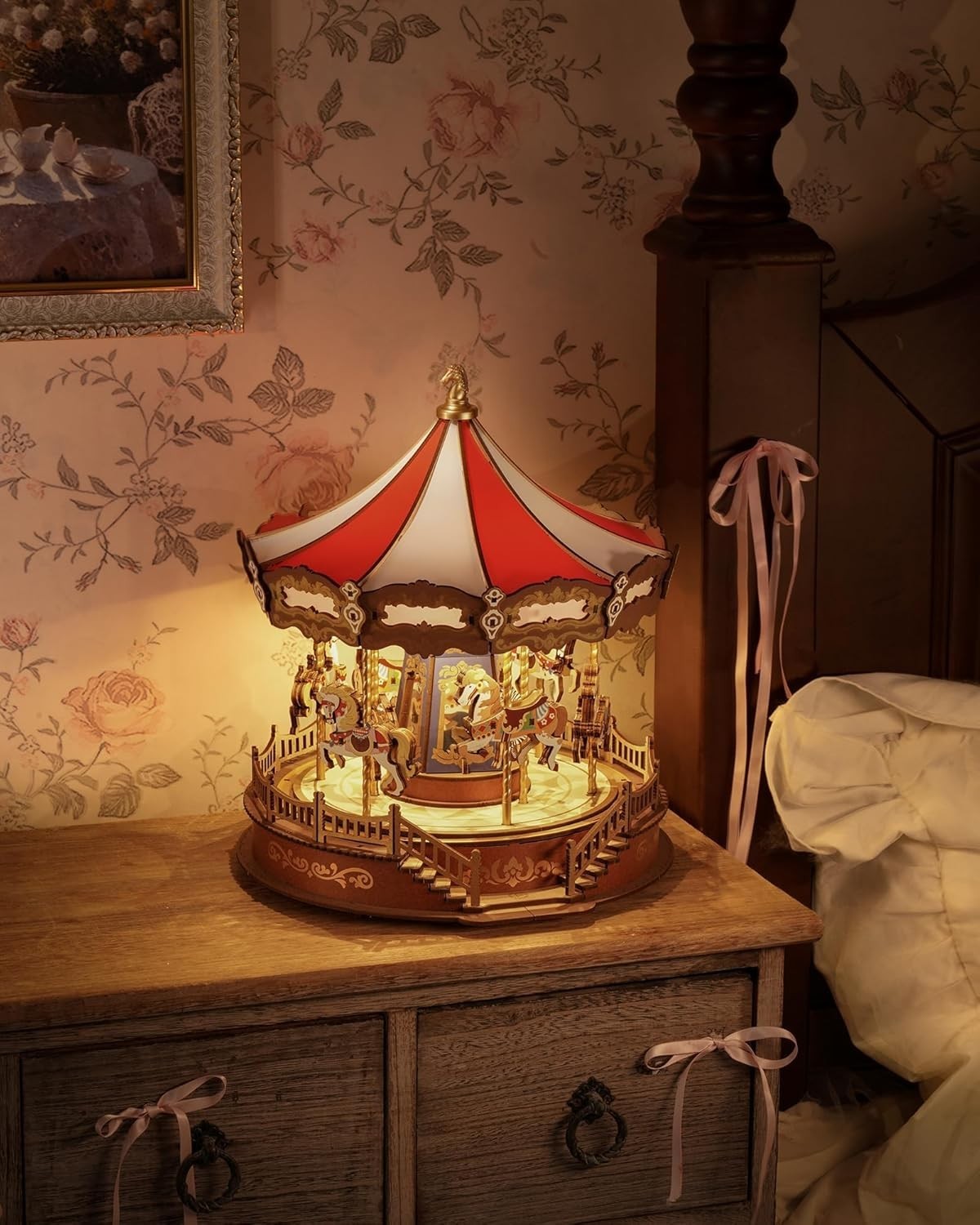3D Wooden Carousel Music Box Kit LED Light Mechanical Puzzle Decor
