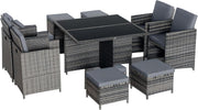 8 Seater Rattan Garden Dining Set with Cushions & Glass Table Patio Furniture