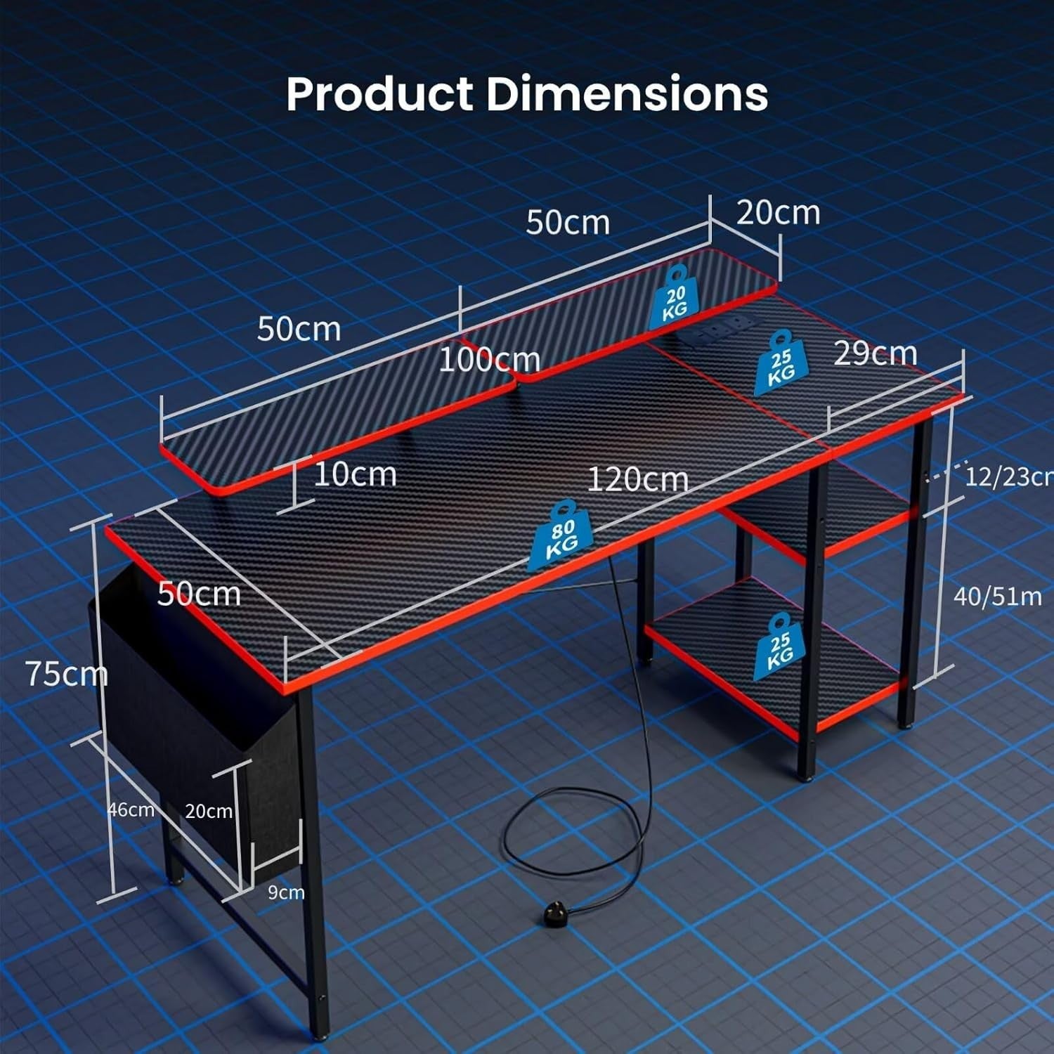 Black LED Gaming Desk 120x50cm w/ Power Outlets & Dual Monitor Stand